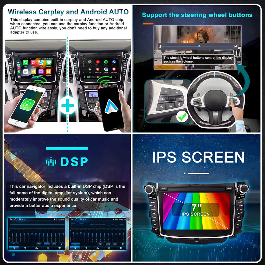 Wondefoo Android 15 Autoradio mit 7 Zoll Bildschirm, Wireless Carplay, Bluetooth und GPS für Hyundai I30 Elantra GT 2011-2017, Schwarz - Bild 4