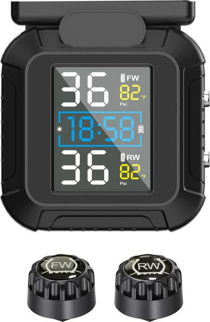 Igeteck Motorrad-Reifendruckmonitor in Weiß mit 2 externen Sensoren, Solar- und USB-Aufladung, Messbereich 0-87 PSI - Bild 1