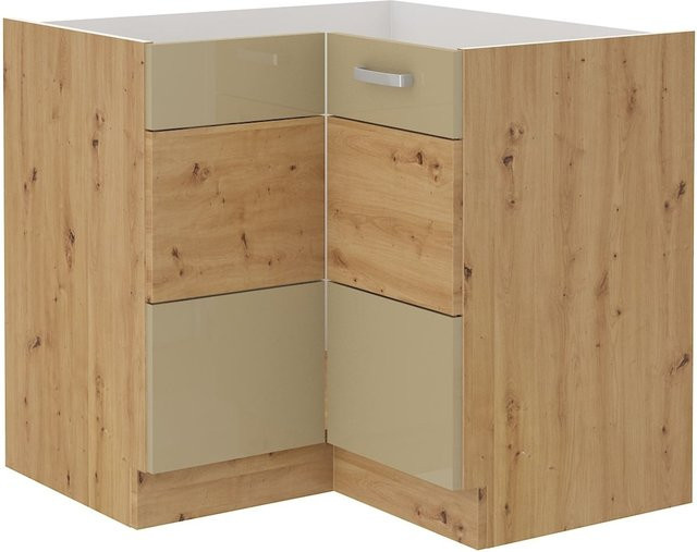 Eckunterschrank Eiche Artisan Cappuccino Hochglanz mit Einlegboden, B/T: 90 x 90 cm - Bild 1