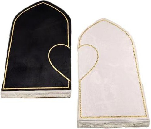 2er Set Islamische Gebetsmatten aus Flanell mit Herzmuster in Schwarz Weiß Gold - Bild 1