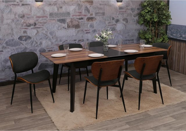 6er-Set MCW Esszimmerstühle O45 aus Bugholz mit Stoffbezug in Walnuss-Optik und Dunkelgrau - Bild 1