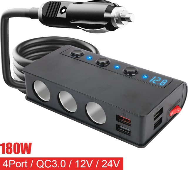 Auto Zigarettenanzünder Splitter mit 4 USB-Ladebuchsen und Schnellladefunktion, 180W, 12V/24V, Schwarz - Bild 1
