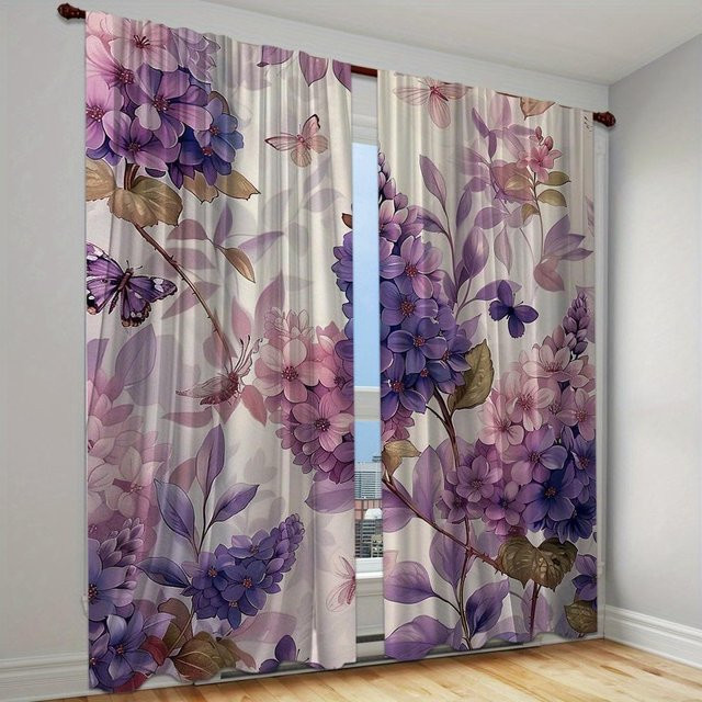 2er-Set moderne Vorhänge mit handgemaltem Blattmuster in Lila, halbtransparent, aus Polyester, Breite: 100 cm, Höhe: 160 cm - Bild 1