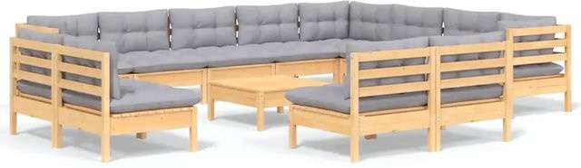 vidaXL 13-teiliges Garten-Lounge-Set aus massivem Kiefernholz mit grauen Polstern in Braun-Grau - Bild 1