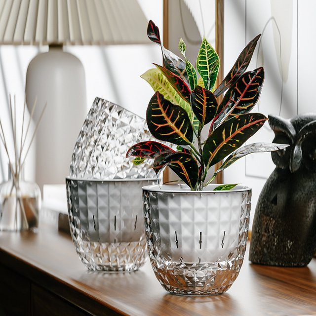 Selbstbewässernder Blumentopf aus Kunststoff in Transparent und Weiß, runder Pflanztopf für Sukkulenten und Zimmerpflanzen, B/T/H: 11,0 x 11,0 x 11,0 cm - Bild 1