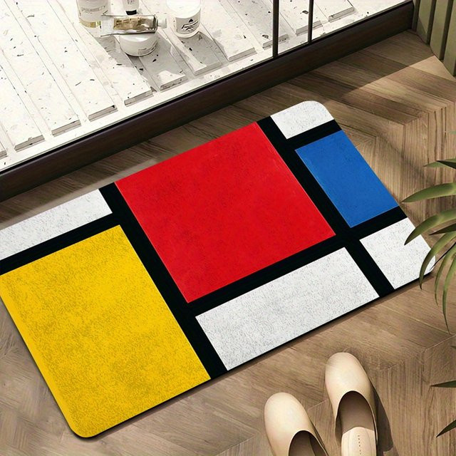 VIKAMA Mondrian Badezimmerteppich mit geometrischem Muster in Rot, Gelb und Blau, rutschfeste und saugfähige Bodenmatte - Bild 1