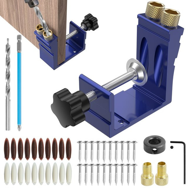 Toorise 47-teiliges Set Taschenloch-Bohrschablone aus Metall mit 15 Grad Winkel-Bohrer Guide und Lochlocator für die Holzbearbeitung in Blau - Bild 1