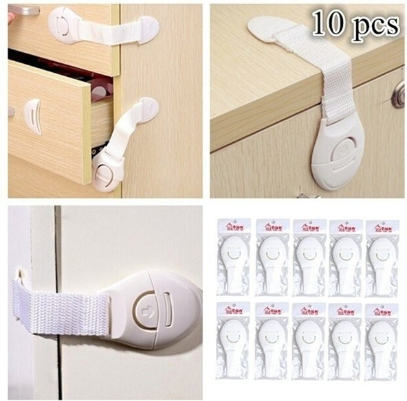 XUNYI 10er Pack Baby Sicherheitsschloss Set mit Gurtband in Weiß für Schubladen und Schränke - Bild 1