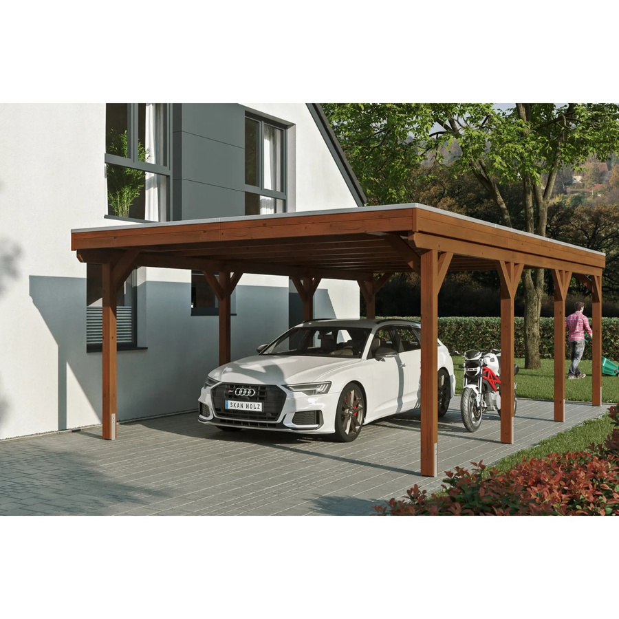 Skan Holz Carport Grunewald mit Aluminiumdach in Nussbaum Braun, B: 427 cm, T: 796 cm, H: 251 cm - Bild 2