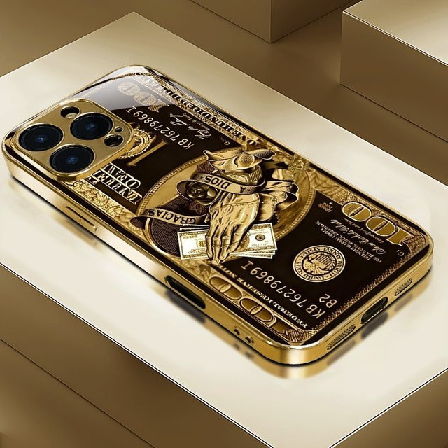 Handyhülle mit Banknoten-Muster und Metallic-Lack-Glasabdeckung für iPhone 17 Air 16 15 14 Plus 13 12 11 Pro Max 16E in Silber und Gold - Bild 1