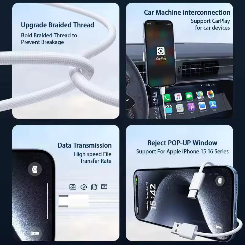 USB-A auf USB-C Handykabel in Weiß mit Nylon-Geflecht für schnelles Laden und CarPlay, kompatibel mit iPhone 15 und 16 Serie - Bild 5