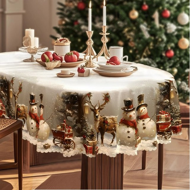 VIKAMA Vintage-Weihnachtstischdecke mit Schneemännern und Weihnachtsbäumen in Weiß - Bild 1
