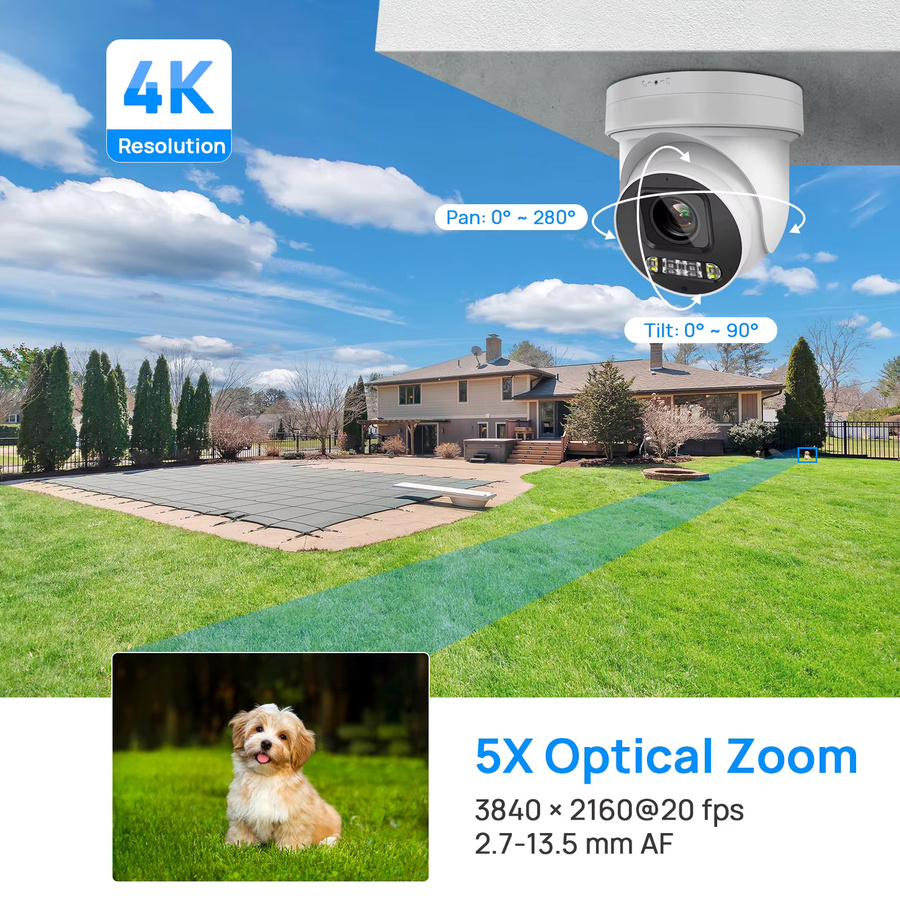 Vikylin PTZ IP-Sicherheitskamera mit 8MP Auflösung, 5X optischem Zoom, Zwei-Wege-Audio und Dual-Licht, IP67 Outdoor CCTV Videoüberwachung, Farbe: Weiß - Bild 2