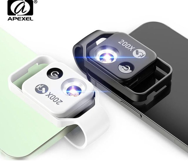 APEXEL 200X Taschenmikroskopobjektiv mit CPL-Filter und LED-Licht in Schwarz für iPhone 15, 13, 14 und Samsung Smartphones - Bild 1