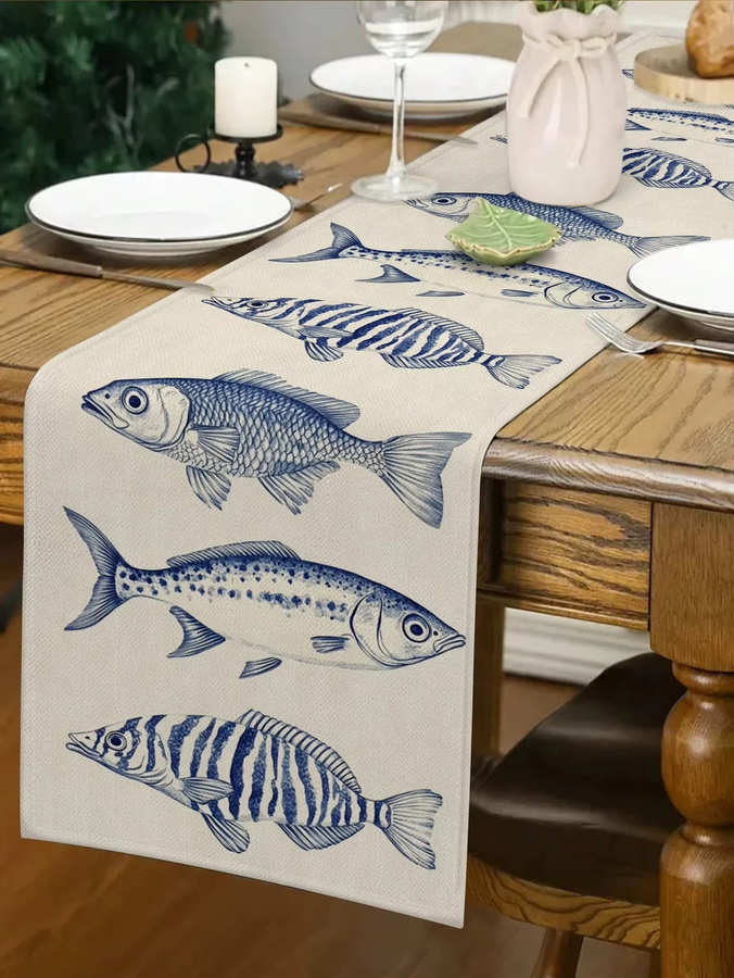 JIT Tischläufer mit Fischmuster in Blau und Weiß im maritimen Stil aus Leinen - Bild 3