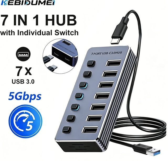 KEBIDUMEI 7-Port USB 3.0 Hub mit Ein-/Ausschaltern, Aluminium USB-Splitter, 5 Gbit/s Hochgeschwindigkeitsadapter in Silber für MacBook und Laptops - Bild 1
