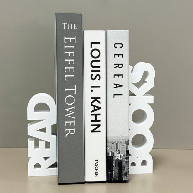 Modernes Buchstützenset READ & BOOK aus Kunststoff in Weiß für deinen Schreibtisch und zur Organisation deiner Bücher - Bild 1