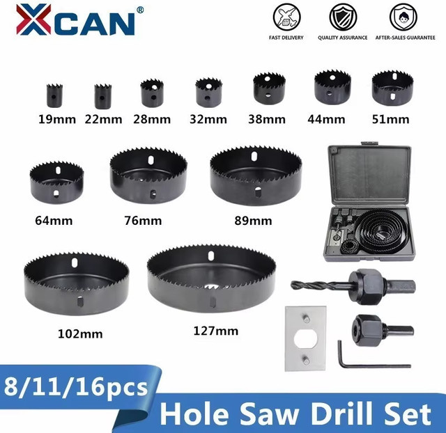XCAN Lochsägen-Set mit Metallkern und Sägeschale für Holz, PVC und Gipskarton, Durchmesser: 19–64 mm, 64–127 mm und 19–127 mm - Bild 1