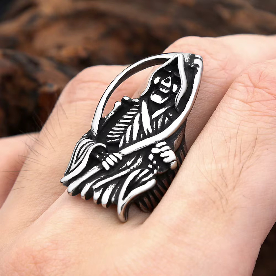 owlucky Ringe, Sensenmann Sichel Schädel, Edelstahl, Silber, Unisex, Vintage - Bild 3