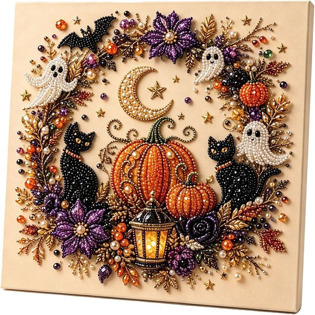 KEBIDU Halloween Geister DIY-Perlenkunst-Set für Erwachsene, 3D Diamantgemälde Bastelset zur Wanddekoration, Farbe: Braun/Mehrfarbig - Bild 1
