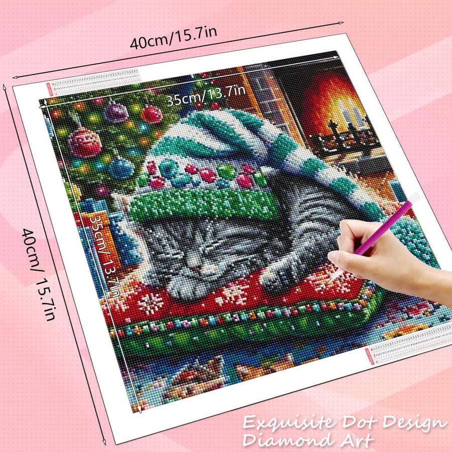 HUACAN 5D Diamantmalerei Katze Weihnachten Rundes Diamant Mosaik Set für Kreuzstich-Dekoration - Bild 2