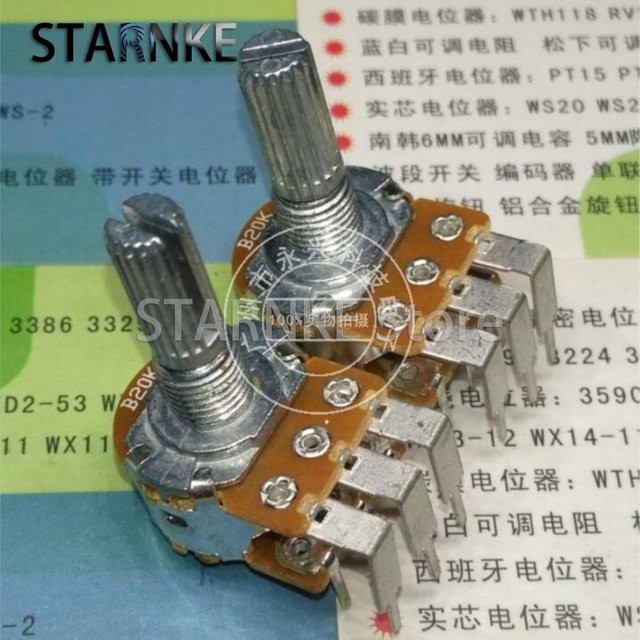 3er-Set WH148 Typ Doppel-Potentiometer B20K mit gebogenem Fuß und 6 Pins, 20k Ohm, Silber, Wellenlänge: 20 mm - Bild 1