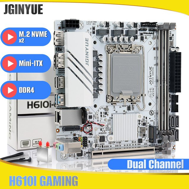 JGINYUE H610 Mini-ITX Motherboard LGA1700 für Intel Core i3/i5/i7/i9 Prozessoren der 12. und 13. Generation, Dual-Channel DDR4, Dual M.2 NVMe, Schwarz - Bild 1