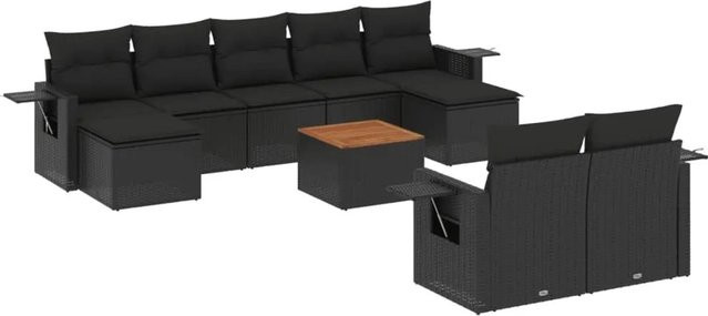 vidaXL 10-teilige Garten-Sofagarnitur aus Poly-Rattan und Akazienholz in Schwarz mit Kissen - Bild 1