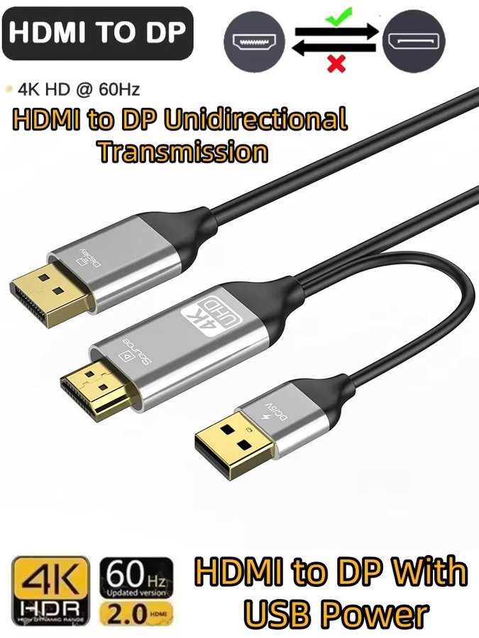 lmcnzz HDMI-zu-DisplayPort Konverterkabel mit 5V Stromversorgung für 4K@60Hz HD Video und Audio, Adapter für Laptop, PC, Spielkonsole und Monitor - Bild 5