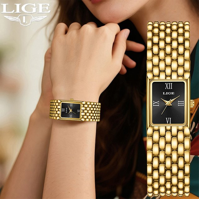 LIGE Armbanduhr, Quarz, Edelstahl, Gold, Rechteckig, Damen - Bild 1