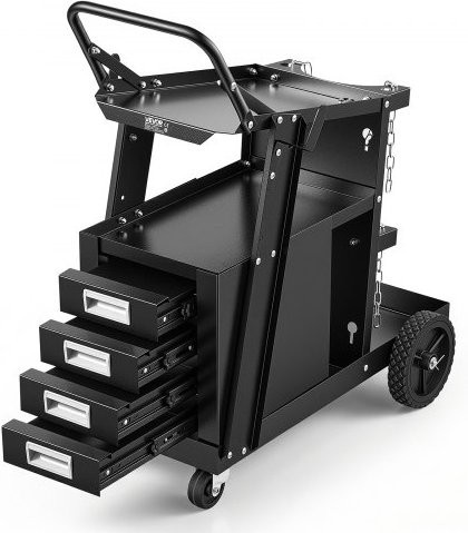 VEVOR Schweißwagen in Schwarz mit 2 Ablageflächen, 4 Schubladen und 2 Gasflaschenhalterungen, belastbar bis 120 kg, ideal für MIG- und Plasmaschneider - Bild 1