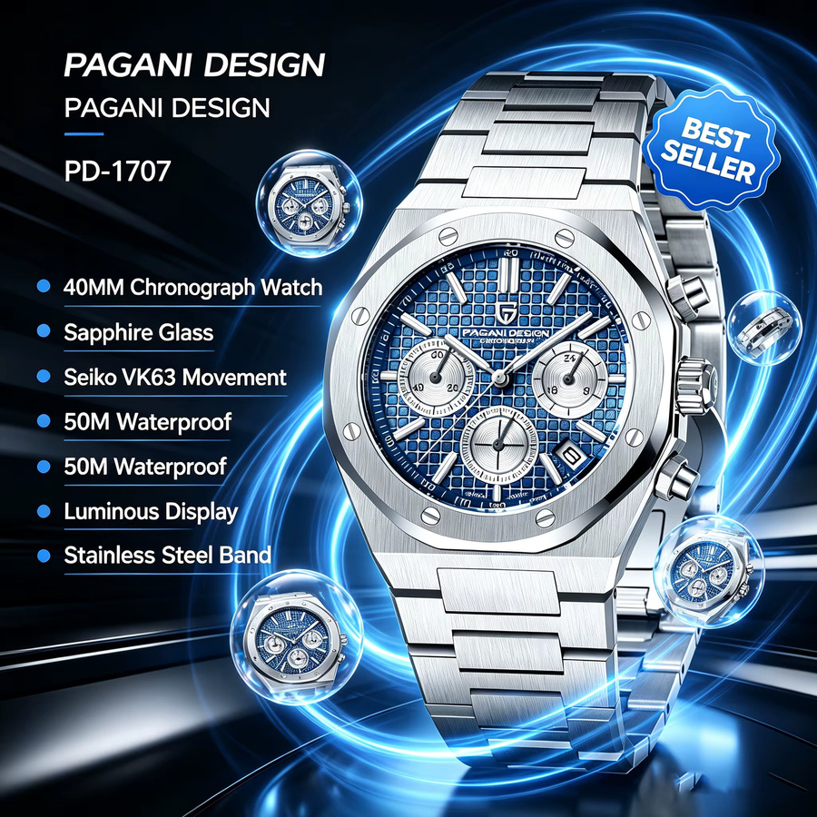 Pagani Design Chronograph, Quarz, Edelstahl, Saphirglas, Herren - Bild 3