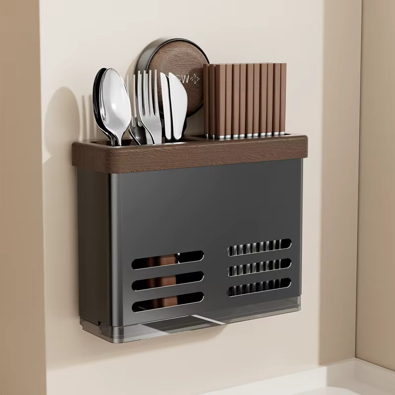 UFORU Wandmontierter Küchenmesser- und Utensilienhalter in Braun mit Retro-Holzmaserung und abnehmbarem Organizer-Ständer - Bild 2
