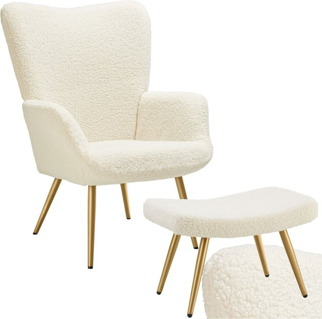tectake Sessel Hygge mit Hocker im Scandi-Look, gepolstert aus Bouclé in Beige und Gold, B/T/H: 72 x 76 x 100,5 cm - Bild 1