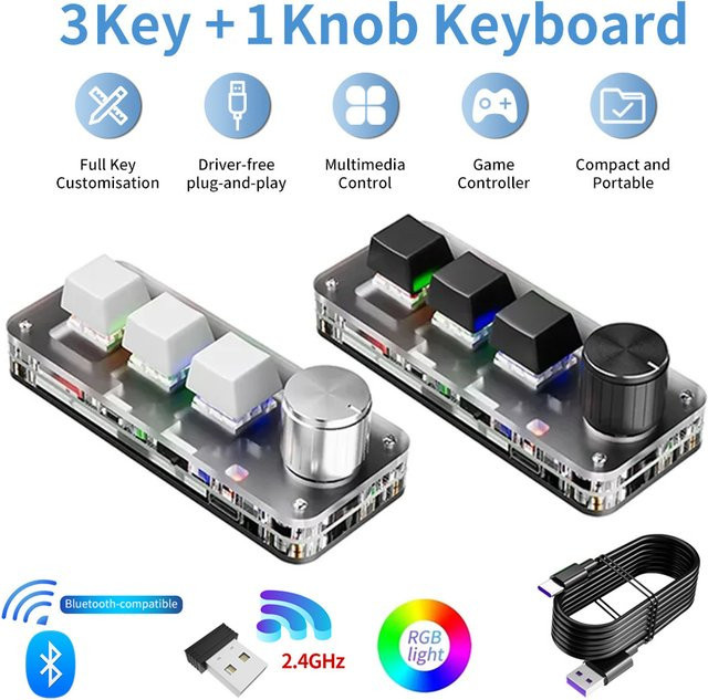 GGBEE Mechanische Makro-Tastatur mit 3 Tasten und 1 Knopf, 2,4 G und Bluetooth, Hot-Plug Shortcut-Tastatur für E-Sport, Weiß - Bild 1