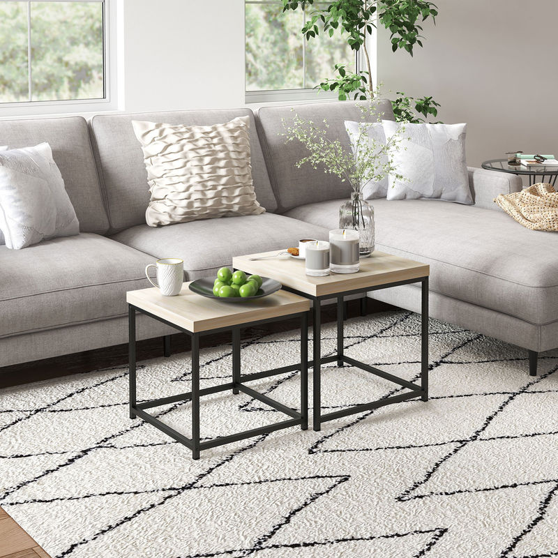HOMCOM Set aus 2 stapelbaren quadratischen Couchtischen mit Stahlrahmen und hellen Holzplatten von Aosom - Bild 2