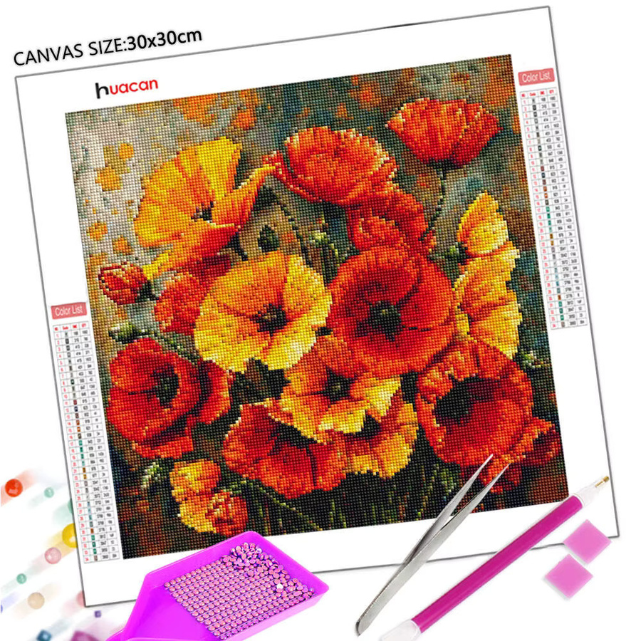 Huacan Diamantmalerei Mohnblume Blumen-Komplettset in Rot mit runden Steinen, B/H: 20 x 20 cm - Bild 2