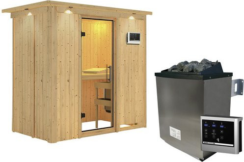Karibu Sauna Pärnu aus Fichtenholz in Beige inklusive 9 kW Saunaofen mit externer Steuerung für 2 Personen, B/T/H: 210 x 132 x 202 cm - Bild 1