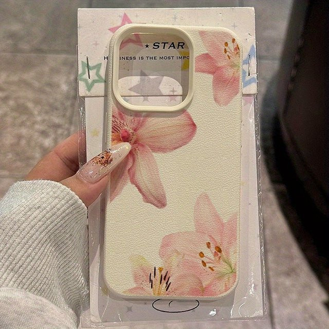 Apple Handyhülle mit Blumenmuster und Litschi-Struktur in Pink und Beige für iPhone 17 16 Pro Max 15 14 Plus 13 12 11 stoßdämpfend und rutschfest - Bild 1