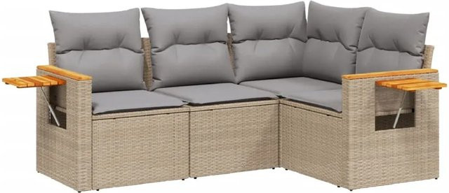 vidaXL 4-tlg Garten-Sofagarnitur in L-Form aus Poly-Rattan und Akazienholz mit Kissen in Beige - Bild 1