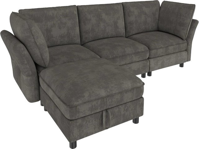 Merax Ecksofa L-Form in Grau mit passendem Hocker und Stauraum aus Chenille-Stoff - Bild 1