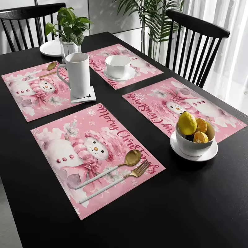 VIKAMA 4er Set Weihnachts-Tischsets mit rosa Schneemann-Muster aus PVC - Bild 4