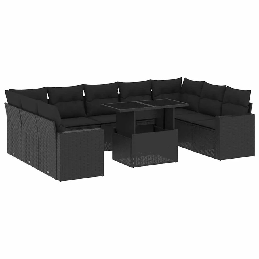 vidaXL 10-tlg. Garten-Sofagarnitur in L-Form aus Poly-Rattan mit Kissen, Schwarz - Bild 2