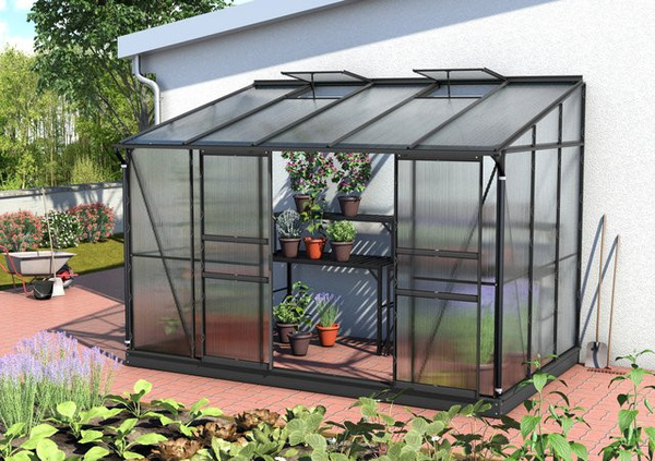 Vitavia Anlehn-Gewächshaus Ida 6500 Schwarz mit Polycarbonat-Platten und Doppelschiebetür, 6,5 m²