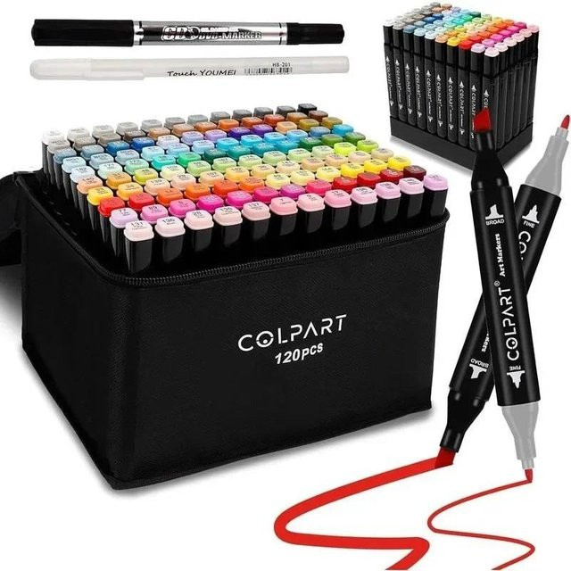 Super Six Alkoholmarker Set mit 120 doppelseitigen Kunstmarkern in Schwarz und Multicolour inklusive Stiftehalter und Tragetasche - Bild 1