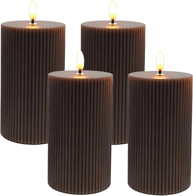 Relaxdays LED Echtwachs Stumpenkerzen im 4er Set, Braun, Flammenlos mit Flackereffekt und Rillen-Design, Höhe: 13 cm, Durchmesser: 7,5 cm - Bild 1