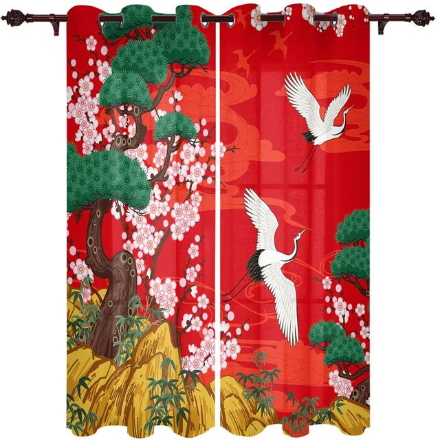 Super Six Sakura Fenstervorhang im japanischen Stil mit floralem Design, rot, semi-transparent, Breite: 135 cm, Höhe: 230 cm - Bild 1