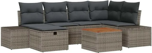 vidaXL Garten-Sofa-Set aus Polyrattan in Grau, 7-teiliges L-Shape Lounge-Set mit Kissen, Ottoman und Couchtisch inklusive integriertem Kissen-Stauraum - Bild 1