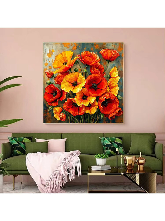 Huacan Diamantmalerei Mohnblume Blumen-Komplettset in Rot mit runden Steinen, B/H: 20 x 20 cm - Bild 4
