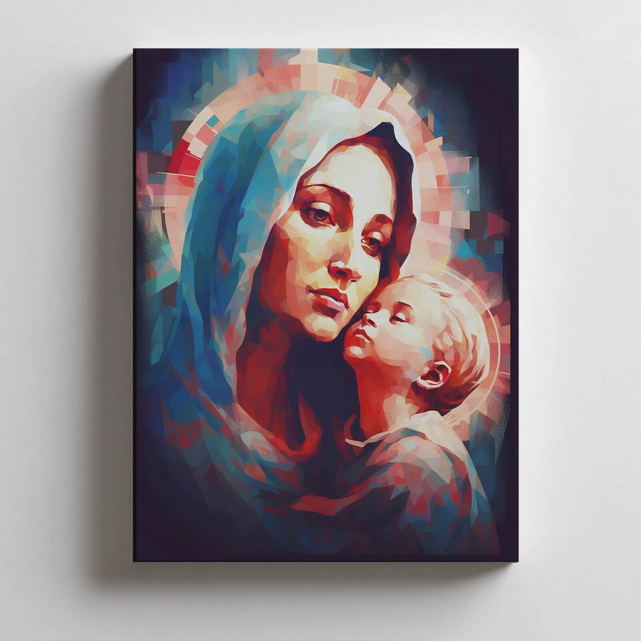 Harmony Posters Maria mit dem Jesuskind Wandbild Blau, B: 30 cm, H: 40 cm, Holzrahmen Eiche hell - Bild 1